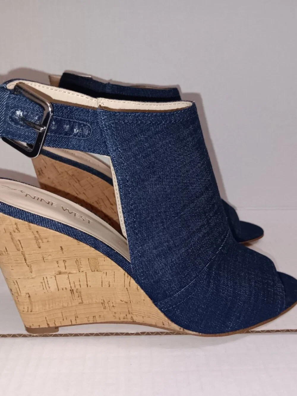 NINE WEST BLUE DENIM OPEN TOE WEDGE SHOES